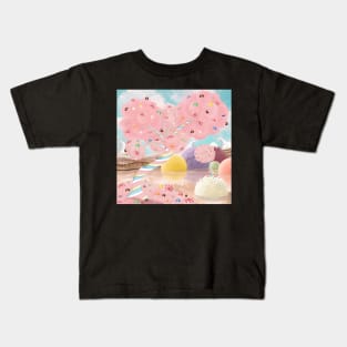 Candy land fantasy background. Sweets world landscape. Marshmallow tree, chocolate milk river, ice cream islands Kids T-Shirt